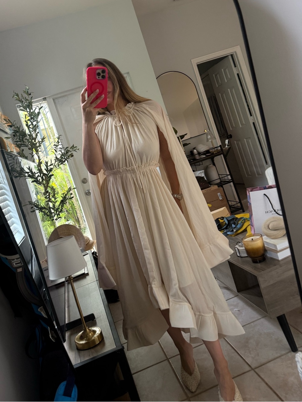 Ruffled midi dress with cape sleeves ivory NWOT - Picture 9 of 10